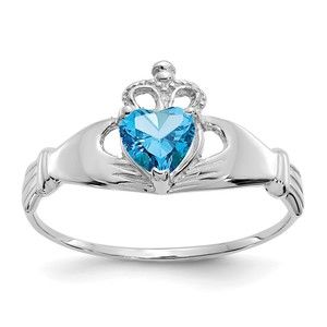 14k White Gold CZ December Birthstone Claddagh Heart Ring, Size 7
